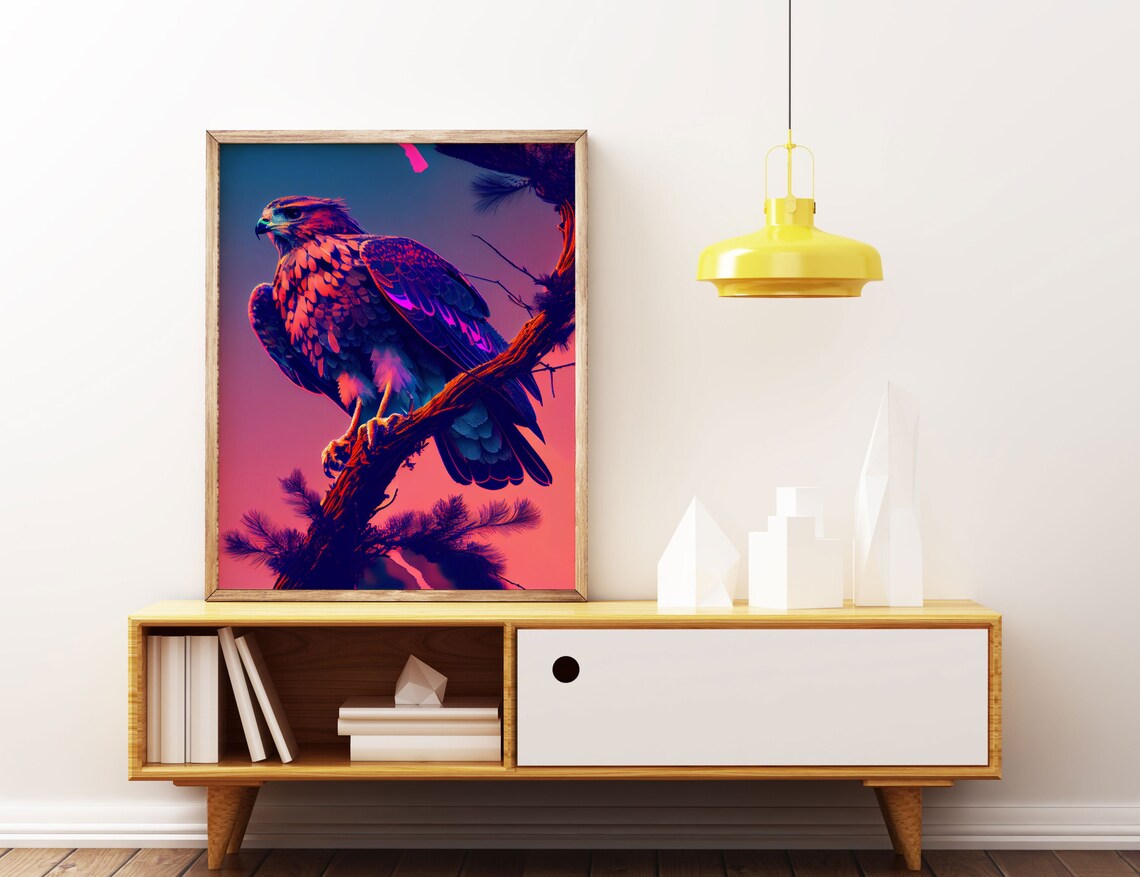 Hawk Perched on Branch, Purple Sunset Art Print - Image 2