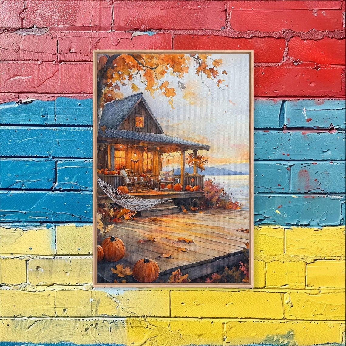 Cozy Autumn Cabin Porch With Pumpkins Hammock Lake View Poster - Image 5