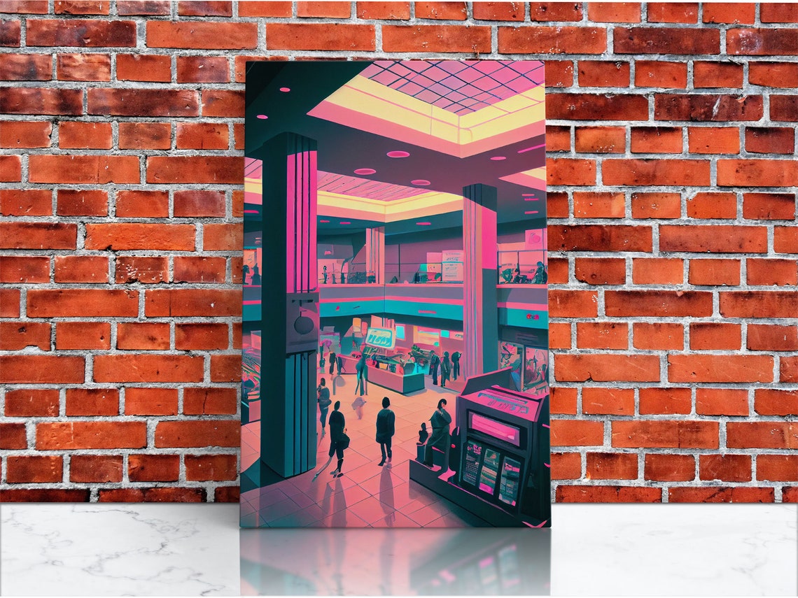 Retro 80s Mall Pink Teal Vaporwave Interior Neon Shopping Poster - Image 3