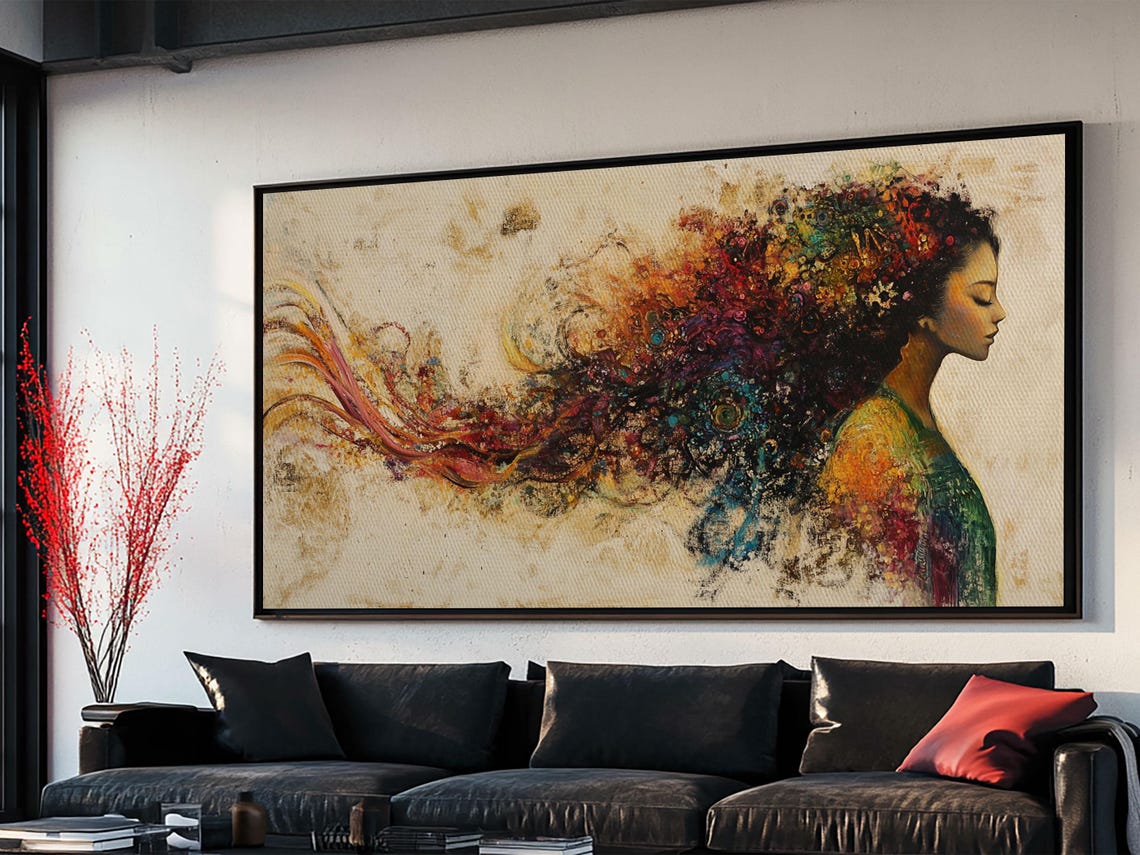 Woman Profile Hair Dissolving Into Colorful Swirls Abstract Art Poster - Image 3