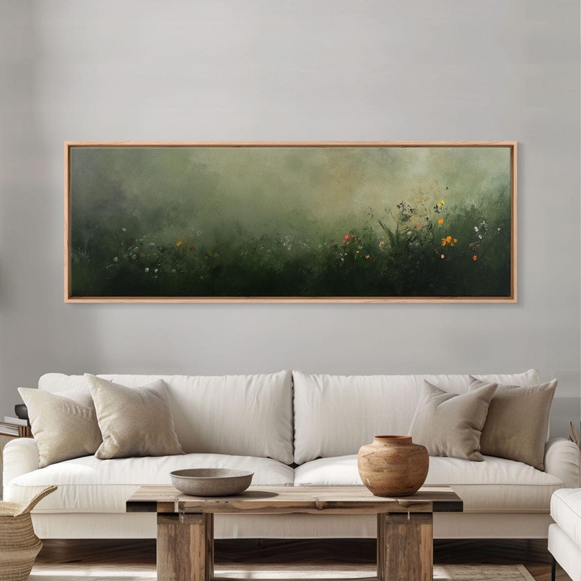 Fog Over Wildflowers Moody Muted Green Panoramic Painting Poster