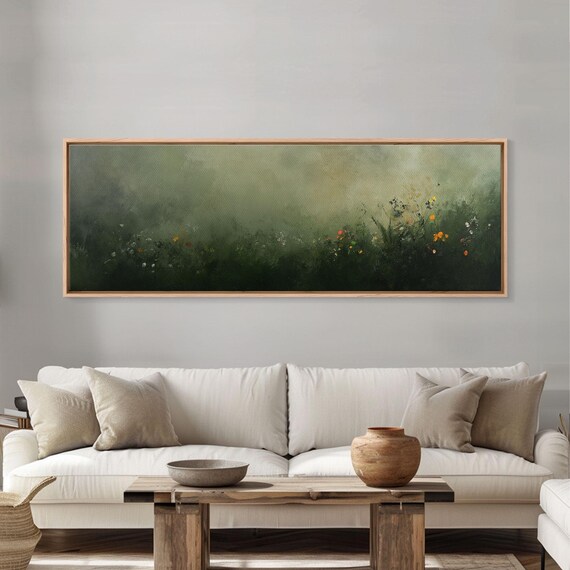 Fog Over The Wild Flowers Framed Print Moody Muted Decor Panoramic Painting Wall Art Living Room Decor