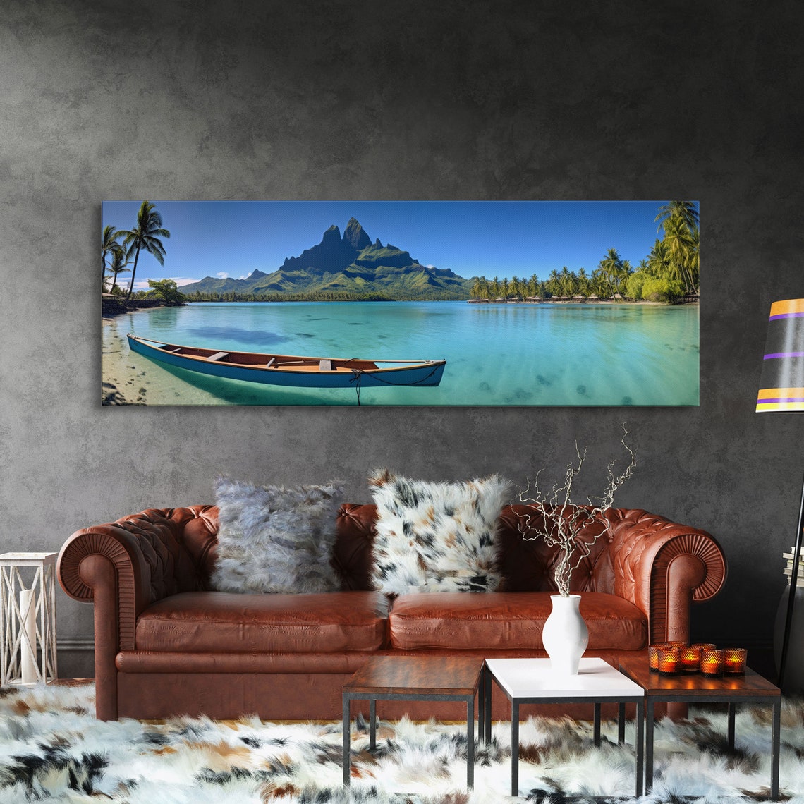 Bora Bora Turquoise Lagoon Canoe Mount Otemanu Panoramic Beach Poster - Image 3