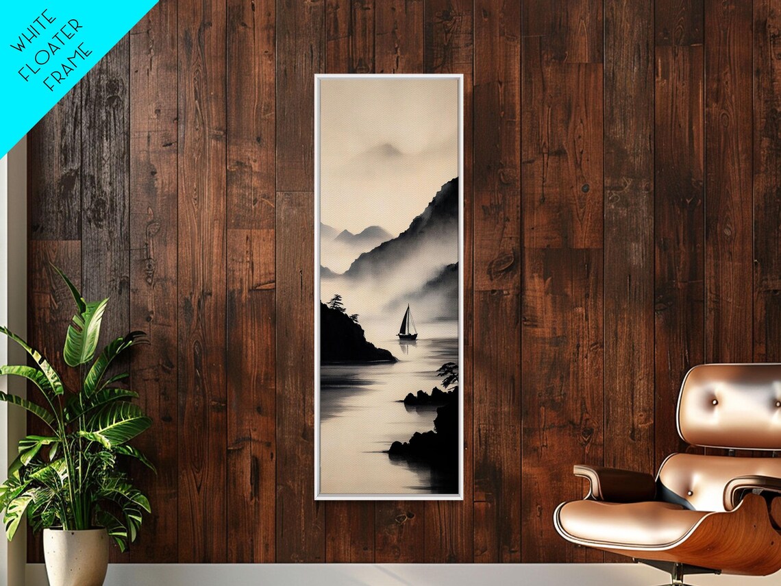 Black White Ink Misty Mountains Sailboat Lake Zen Minimalist Vertical Poster - Image 5