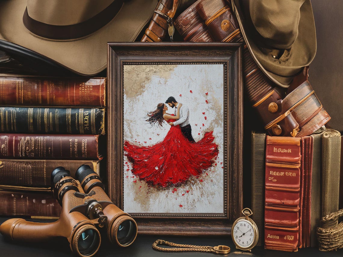 Couple Dancing In Flowing Red Dress Romantic Embrace Painting Poster - Image 3