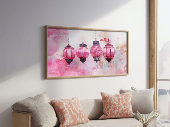 Vintage Pink Lanterns Print Moroccan Wall Art Chinoiserie Wall Art Skinny Wall Art Rustic Decor Farmhouse Gift Idea