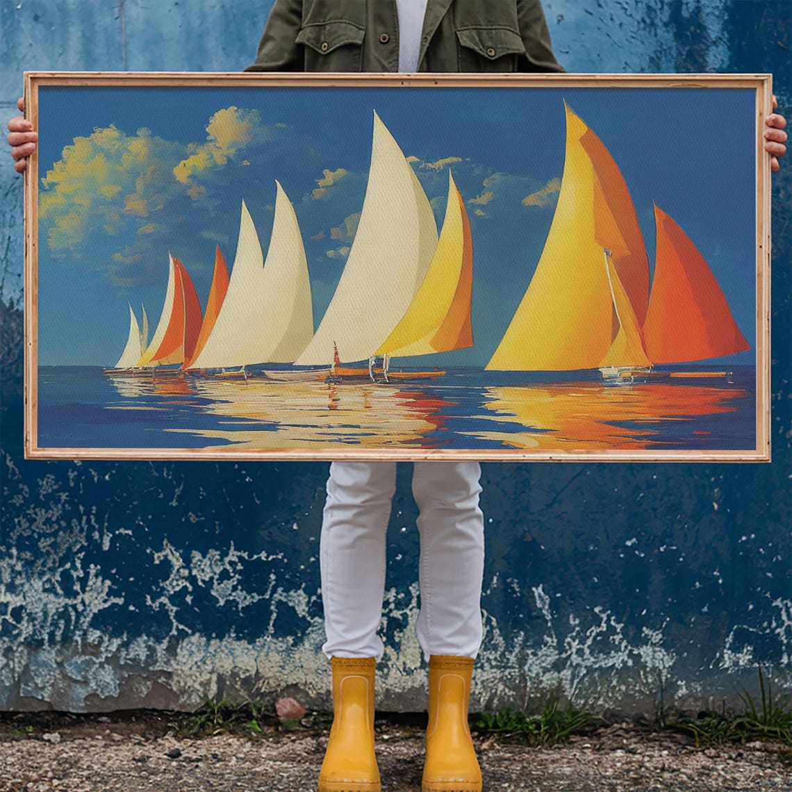 Art Deco Sailboats Orange Sails Racing On Deep Blue Sea Regatta Poster - Image 6