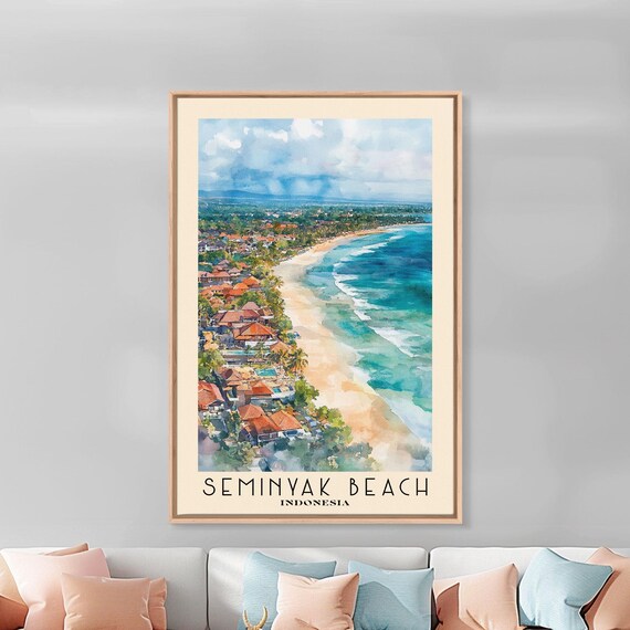 Seminyak Beach Indonesia Aerial Surf Coast Beachfront Village Watercolor Poster