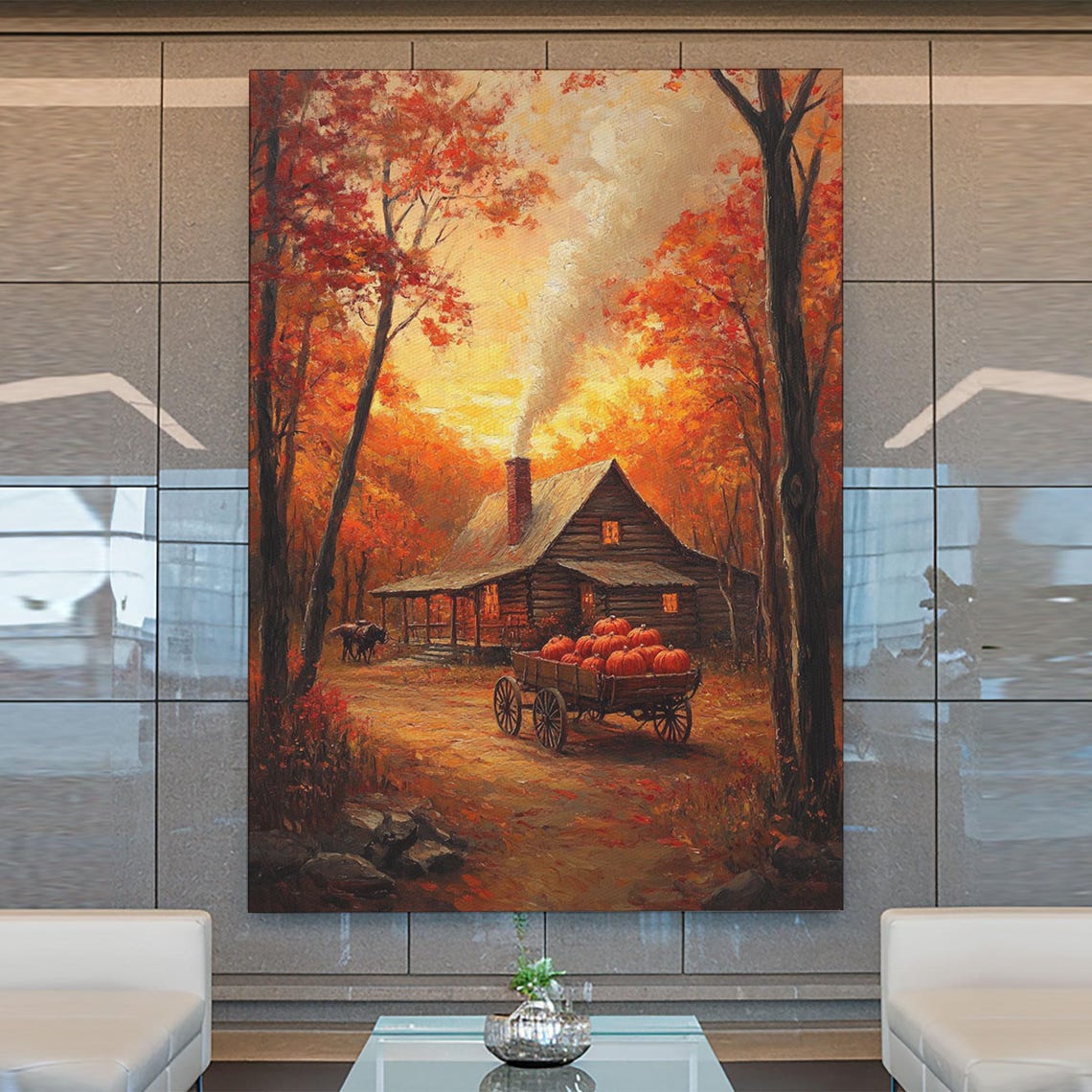 Autumn Cabin With Pumpkin Wagon In Fiery Fall Forest Dusk Poster - Image 5