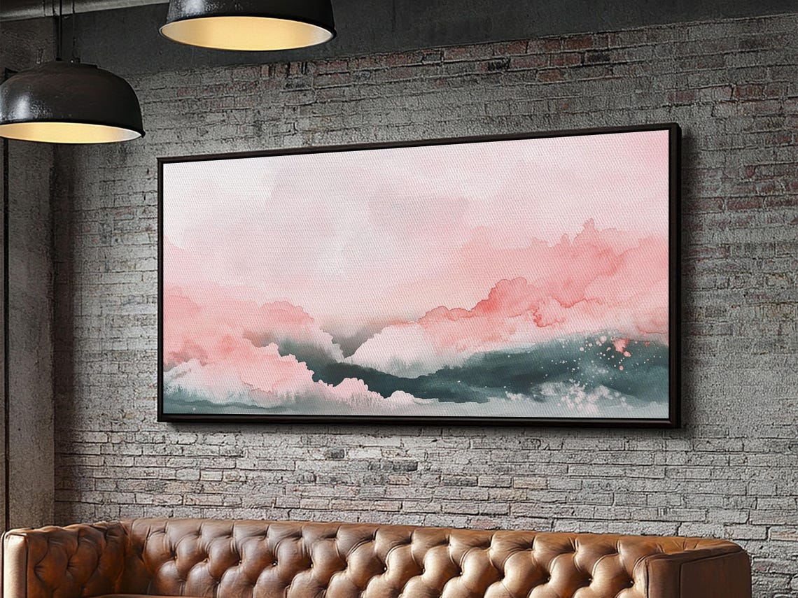 Pink Clouds Over Teal Waves Wide Abstract Watercolor Ocean Sky Poster - Image 4