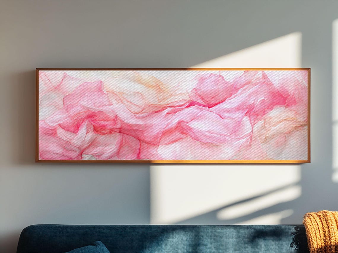 Blush Pink Abstract Silk Waves Watercolor Horizontal Canvas Art Poster - Image 3