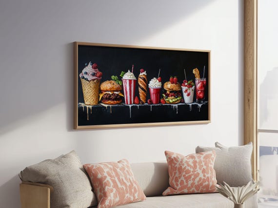 Diner Decor Restaurant Wall Art Print Painting Of Burgers Desserts And Milk Shakes 1950s Diner Wall Art