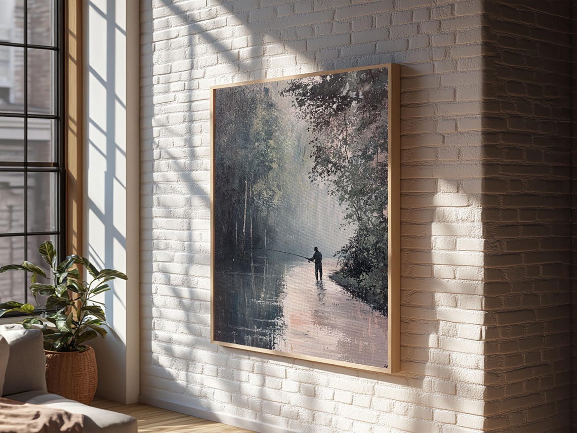 Fly Fisherman Silhouette On Misty Forest River Painting Wall Art - Image 4