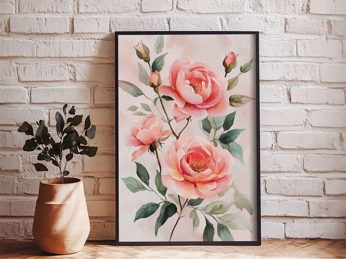 Pink Peony Roses Watercolor Floral Botanical Garden Art Print
