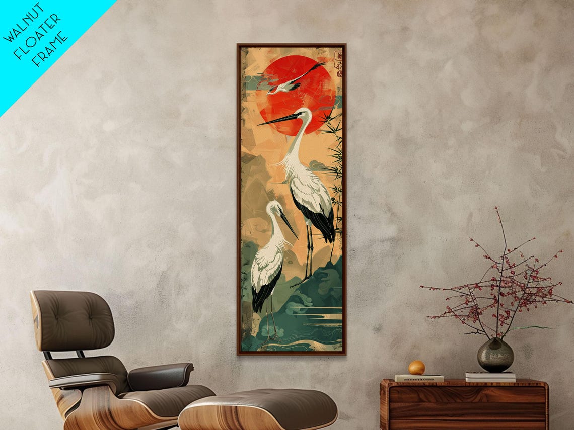 Tall Japanese Cranes Red Sun Ukiyo-E Nature Vertical Art Print - Image 4