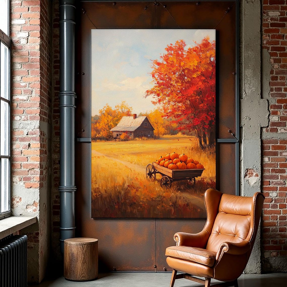 Pumpkin Cart In Golden Fall Field Rustic Barn Harvest Poster