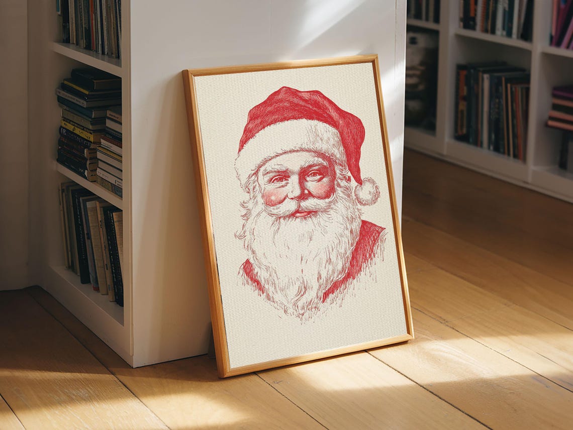 Retro Santa Claus Portrait Red Line Art Christmas Holiday Wall Poster