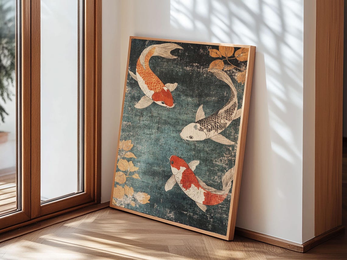 Three Koi Fish Swimming Dark Teal Water Japanese Style Animal Poster - Image 3