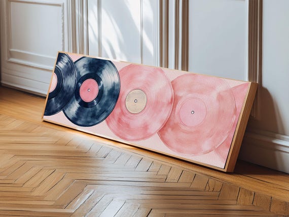 Vintage Vinyl Records Framed Print Retro Music Art Pink Abstract Painting Whimsical Dorm Wall Decor Horizontal Wall Art Gift