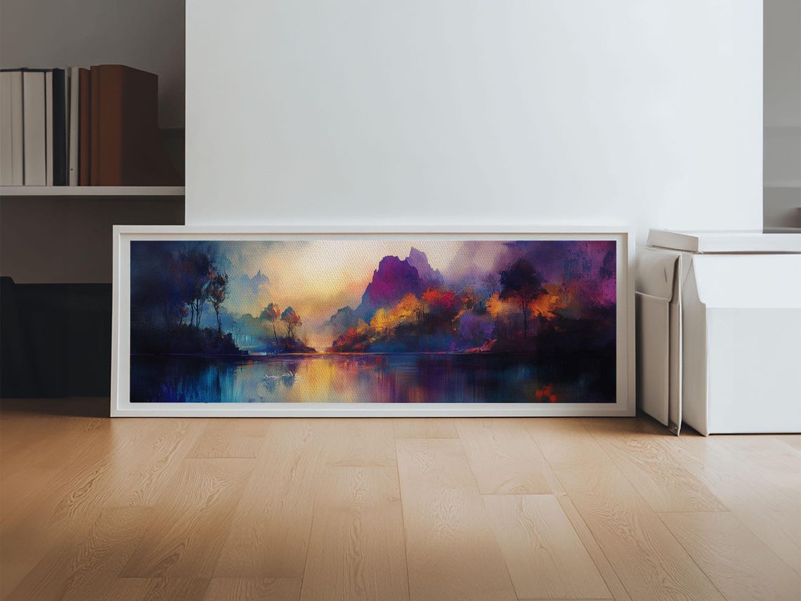Dreamy Mountain Lake Sunset Panoramic Moody Misty Landscape Art Poster - Image 3