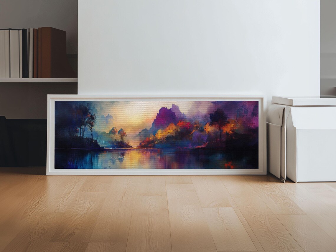 Dreamy Print Fall Landscape Art Mountain Mist Moody Panoramic Rustic Above Couch Extra Wide Wall Art Bedroom Decor - Image 3