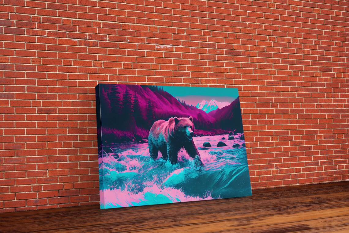 Grizzly Bear Crossing A River, Vaporwave Art Print - Image 6