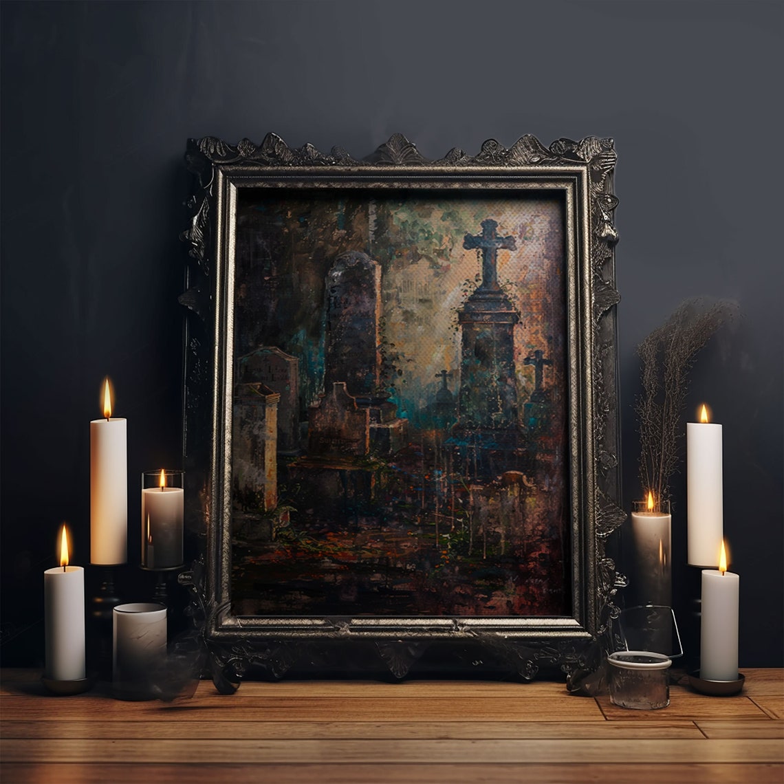 Gloomy Cemetery Stone Crosses Foggy Painterly Graveyard Art Poster - Image 6
