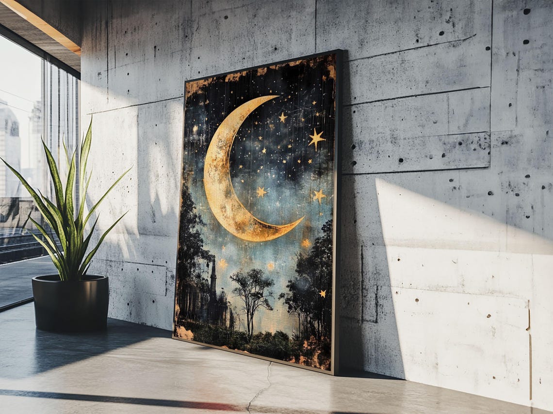Golden Crescent Moon Stars Mystical Night Forest Sky Art Print - Image 2