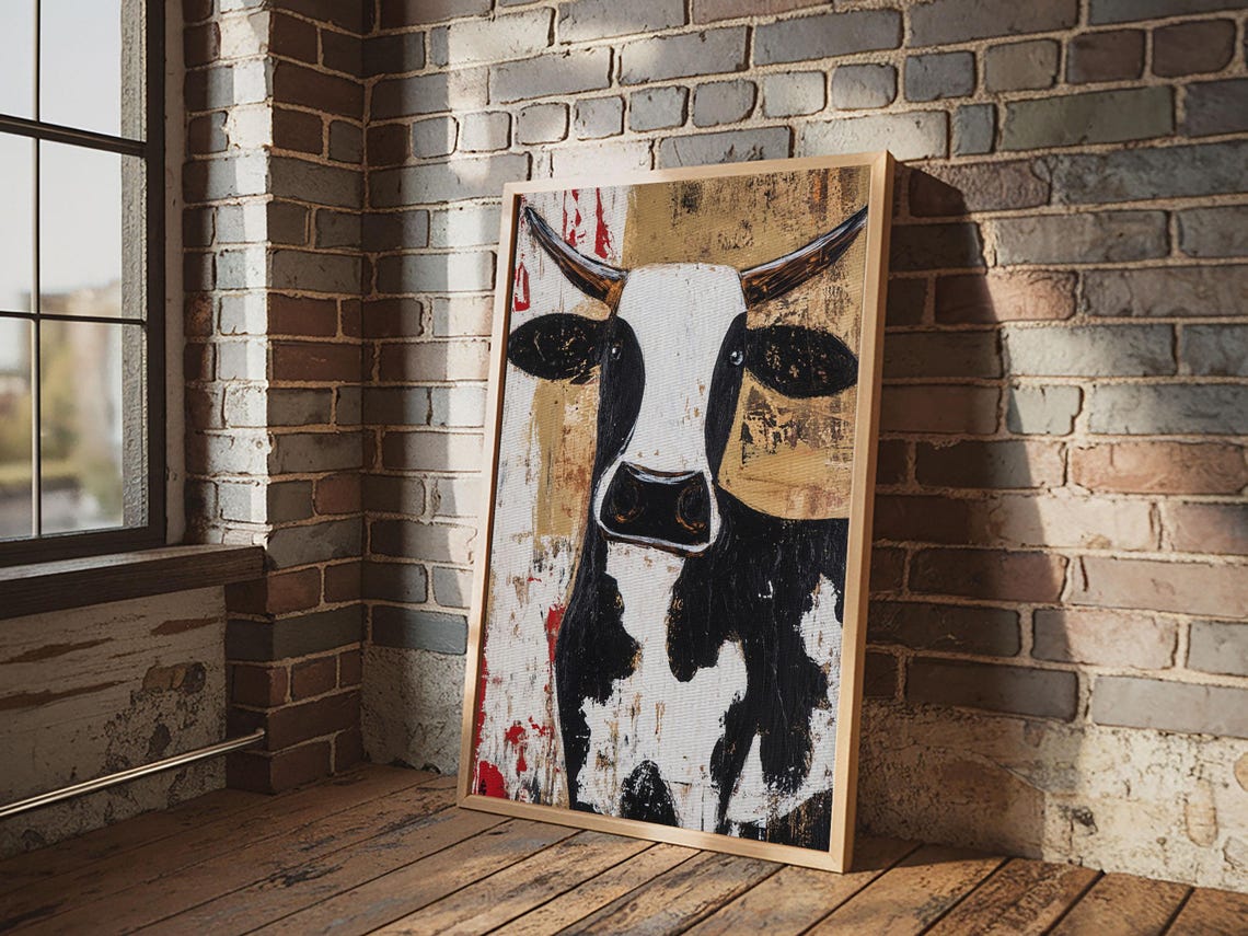 Rustic Black And White Cow Head Farmhouse Animal Wall Poster