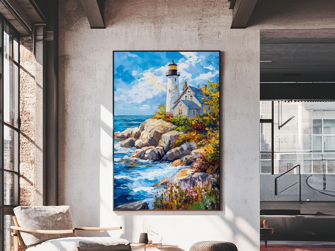 Maine Lighthouse Rocky Coast Waves Blue Sky Coastal Painting Art Poster - Image 3