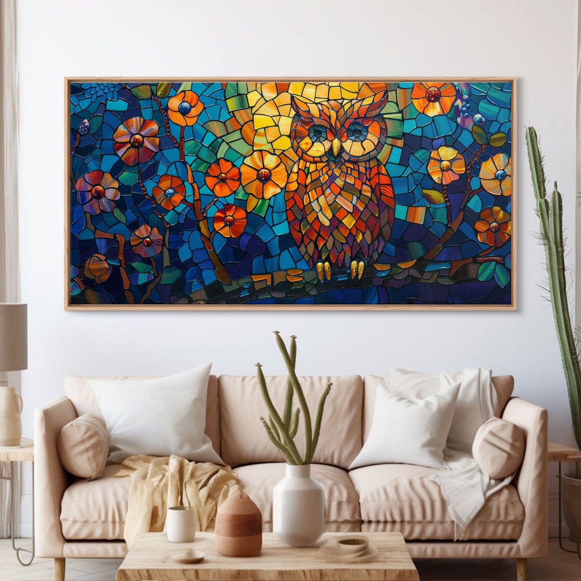 Stained Glass Owl Orange Branch Mosaic Blue Night Blooms Art Poster - Image 3