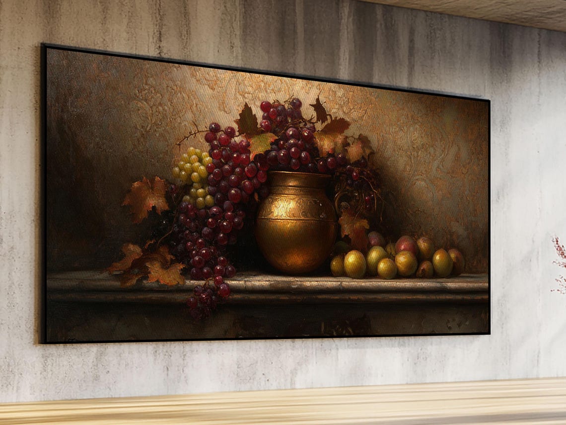 Victorian Still Life Grapes Brass Urn Dark Kitchen Art Poster - Image 4