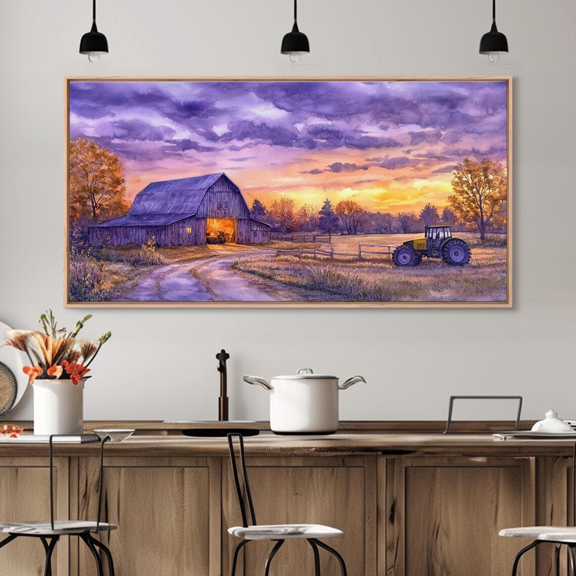Purple Sunset Sky Barn With Tractor Glowing Farmhouse Art Print - Image 2