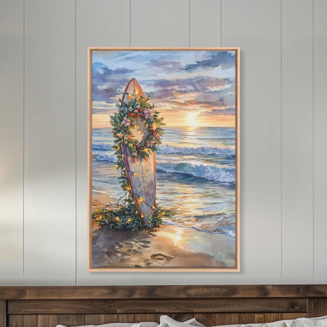 Christmas Surfboard Decorated With Garland On Beach Sunset Poster - Image 5