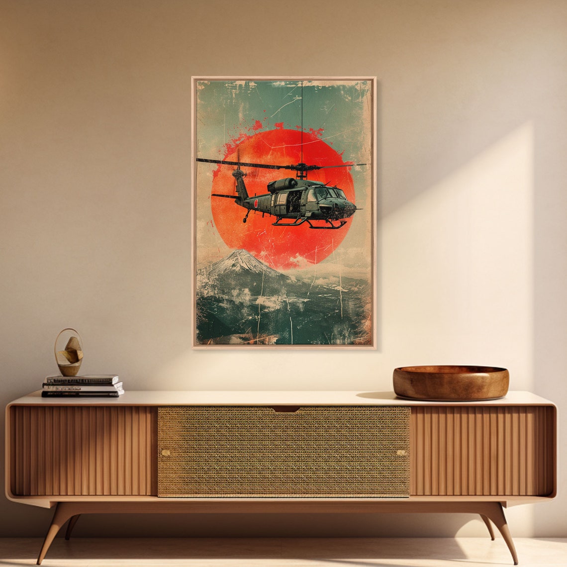 Vintage Huey Helicopter Rising Sun Volcano Retro Military Poster - Image 3