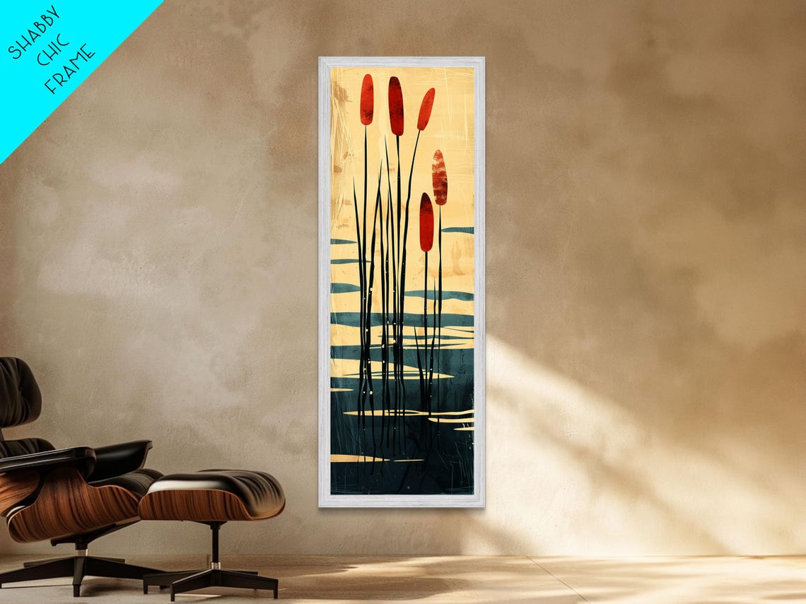 Minimalist Cattail Reeds Red Tops Abstract Tall Earthy Art Print
