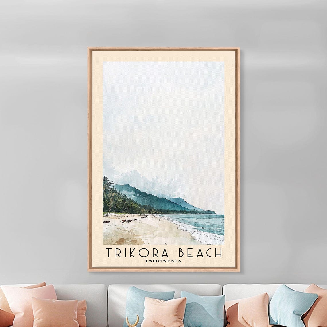 Trikora Beach Indonesia Palm Shore Mountain Water Watercolor Poster - Image 2