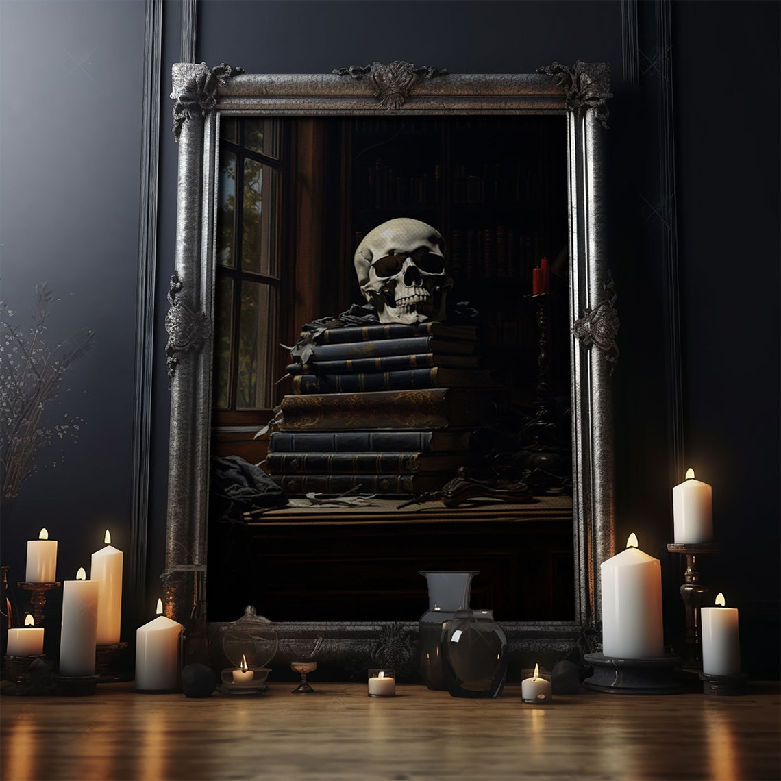 Skull On Stack Of Books Dark Academia Library Gothic Horror Art Poster - Image 4
