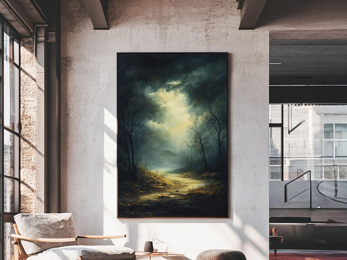 Dark Forest Dusk Misty Path Moonlit Moody Landscape Painting Poster - Image 3