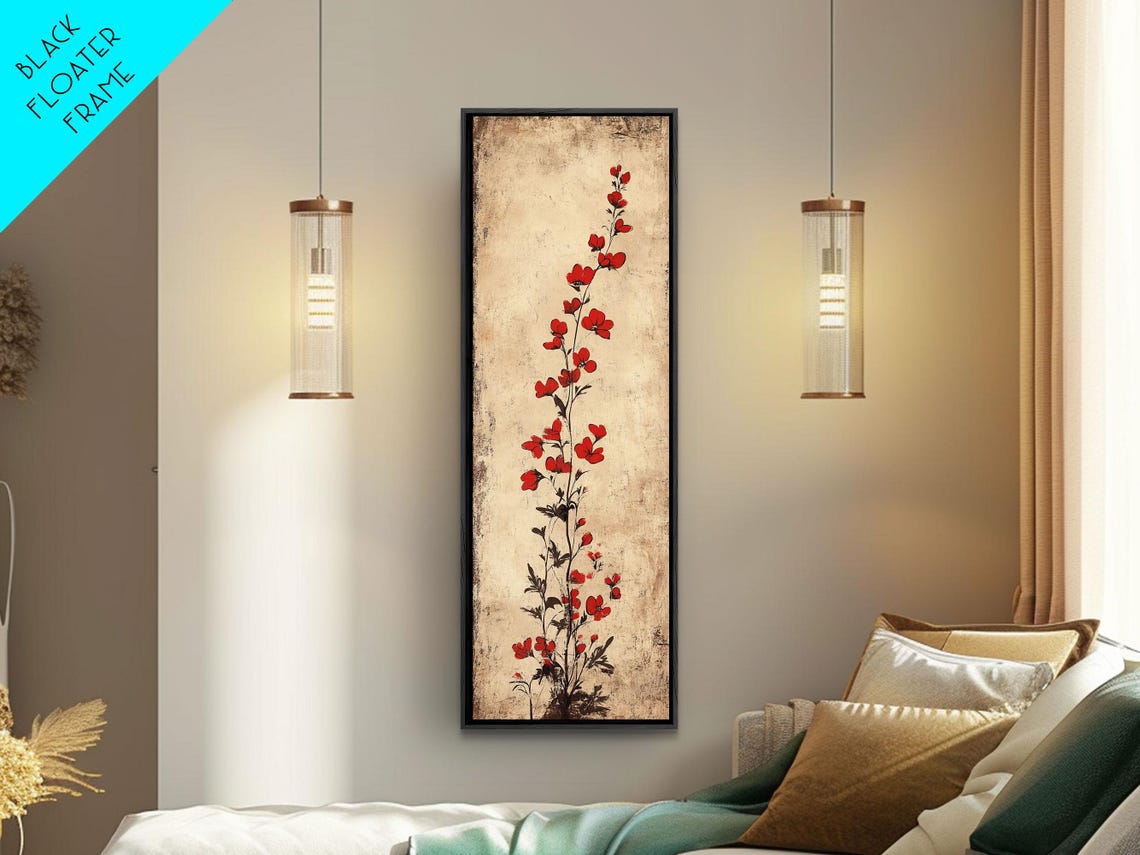 Red Blossom Sprig Vintage Parchment Botanical Floral Art Poster