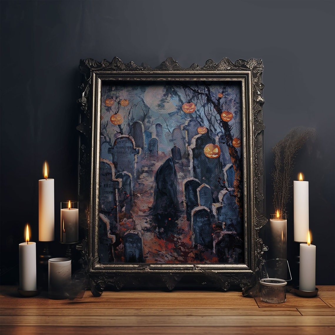 Jack O Lantern Graveyard Spooky Pumpkins Full Moon Art Poster - Image 6