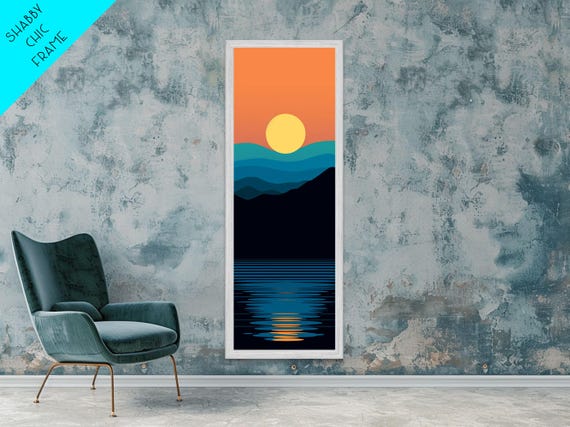 Minimalist Sunset Over Mountains Midcentury Modern Art Framed Print Boho Art Skinny Art Living Room Art Bedroom Decor Landscape