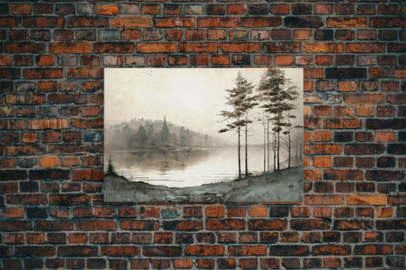 Pine Tree Vintage Landscape, Oil Painting Art Print