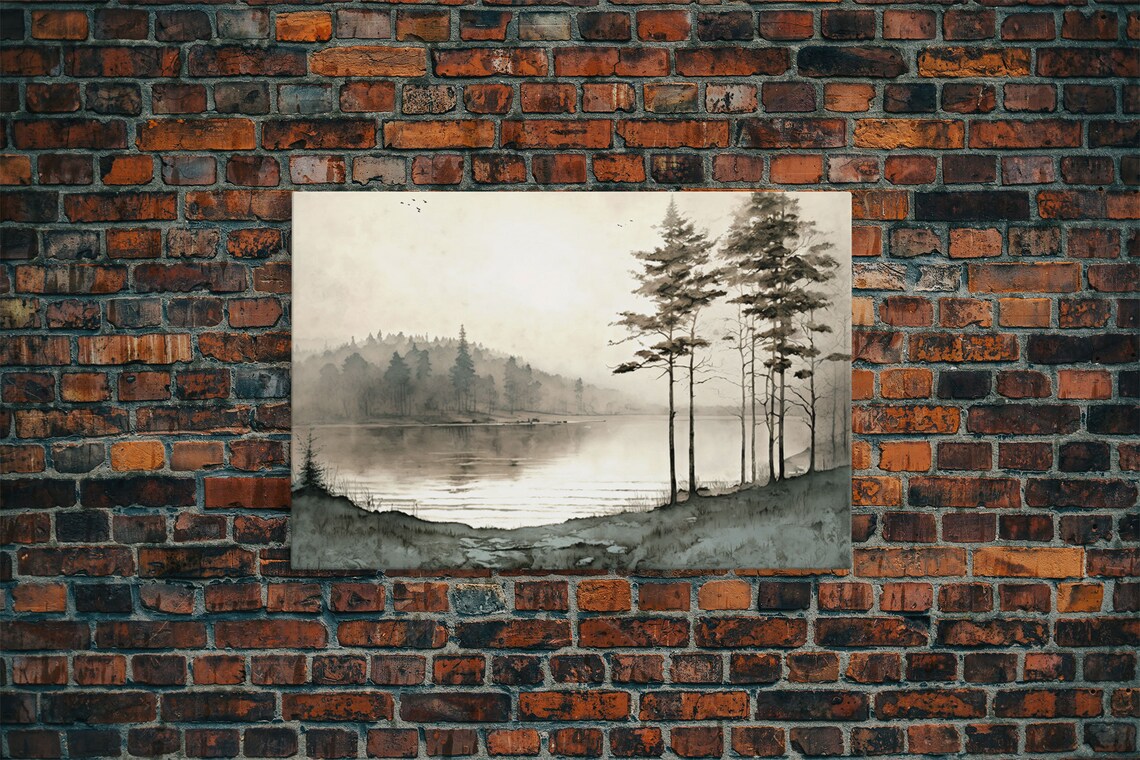 Pine Tree Vintage Landscape, Oil Painting Art Print