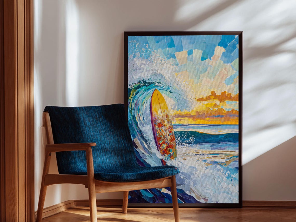 Surfboard Sunset Wave Impasto Bold Ocean Coastal Surf Art Wall Poster - Image 3