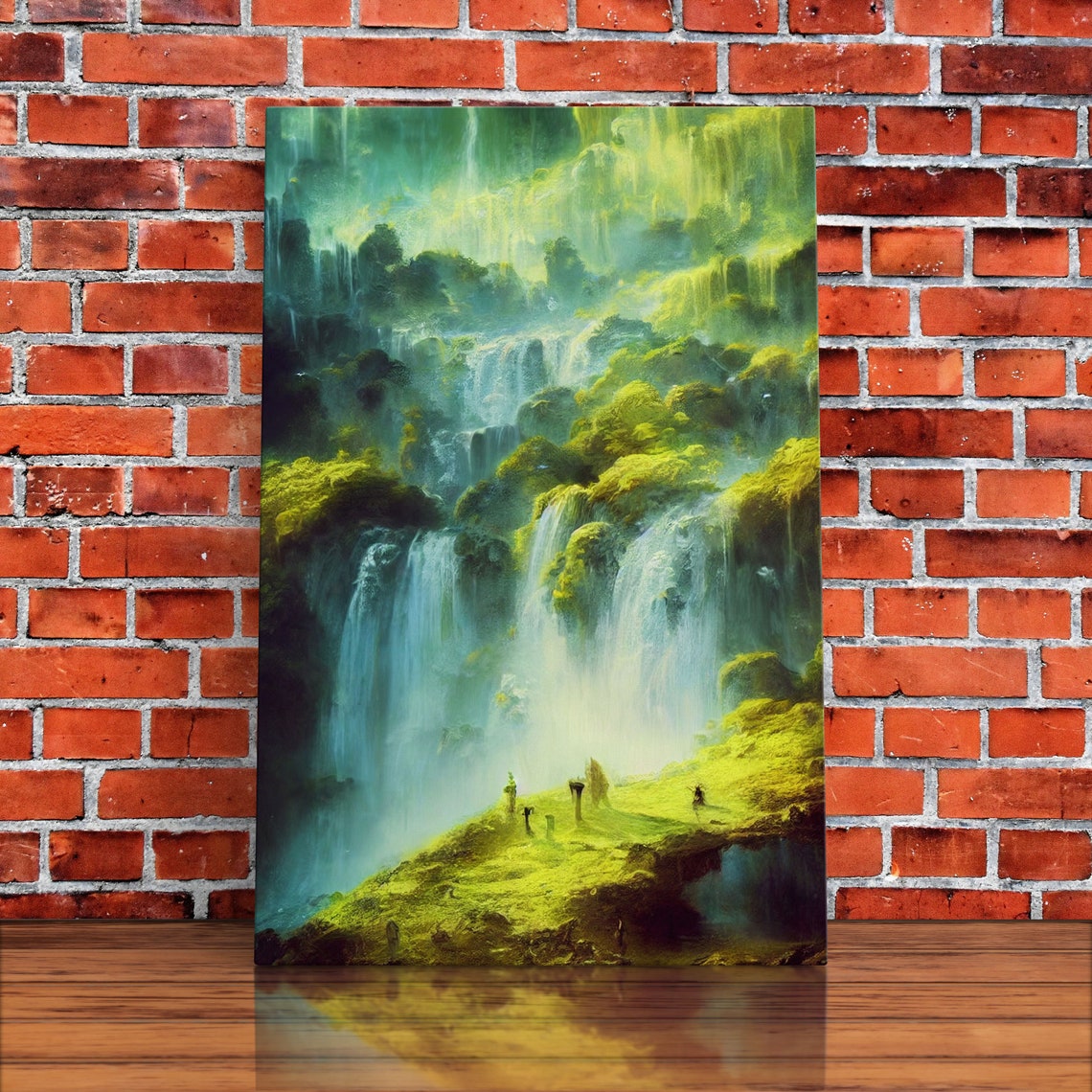 Fantasy Waterfall In Glowing Green Mossy Canyon Landscape Wall Art - Image 5