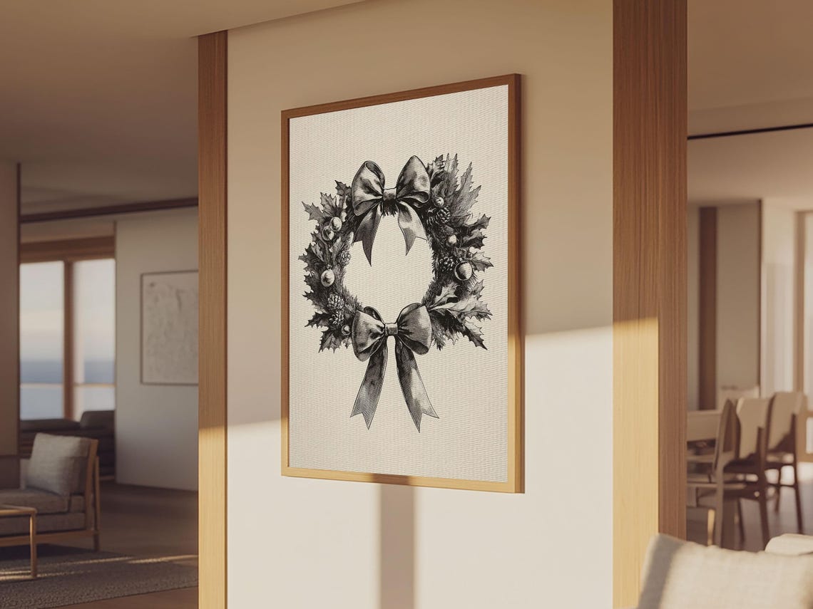 Christmas Wreath Sketch Bow Black And White Minimalist Holiday Poster - Image 2