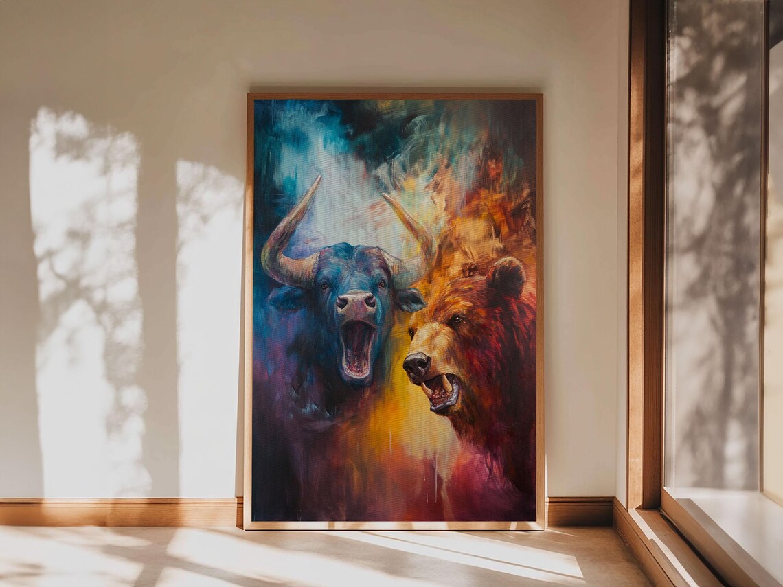 Bull Versus Bear Face Off Fiery Stock Market Animal Battle Art Poster - Image 6