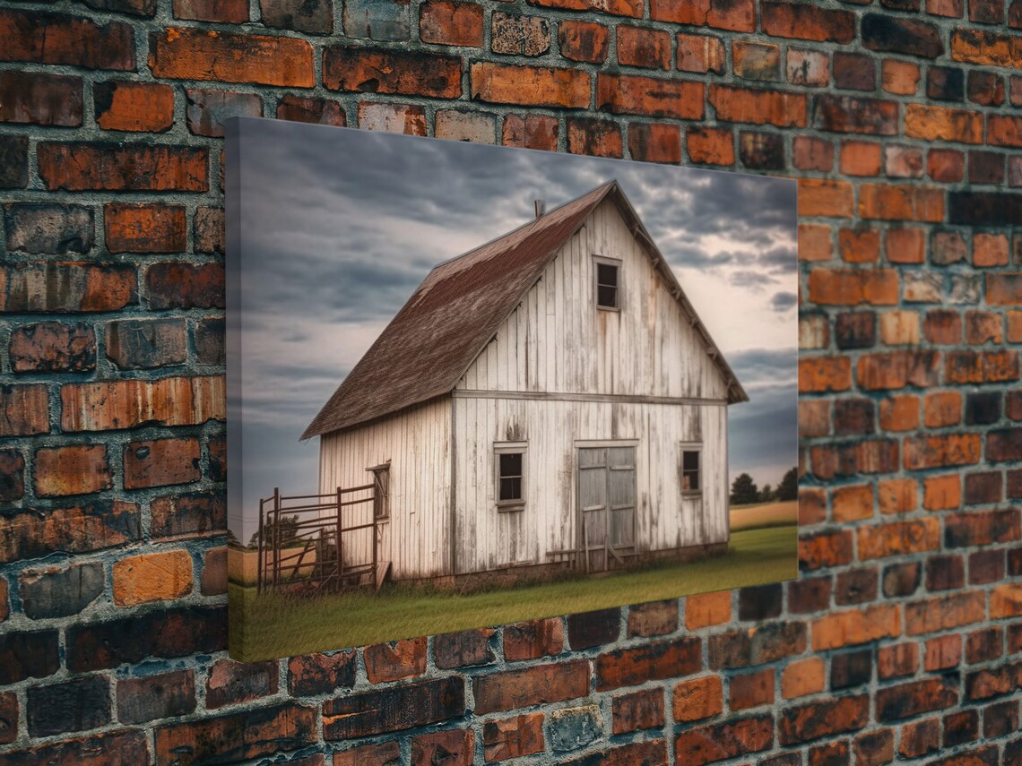 Rustic Farmhouse White Barn Landscape Art Print - Image 3
