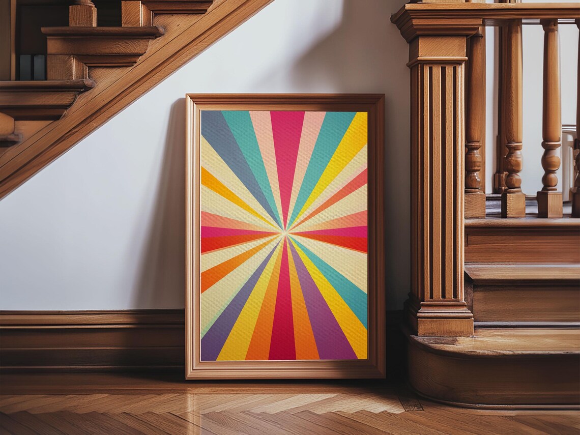 Colorful Sunburst Rays Teal Yellow Pink Vertical Retro Geometric Art Print - Image 5